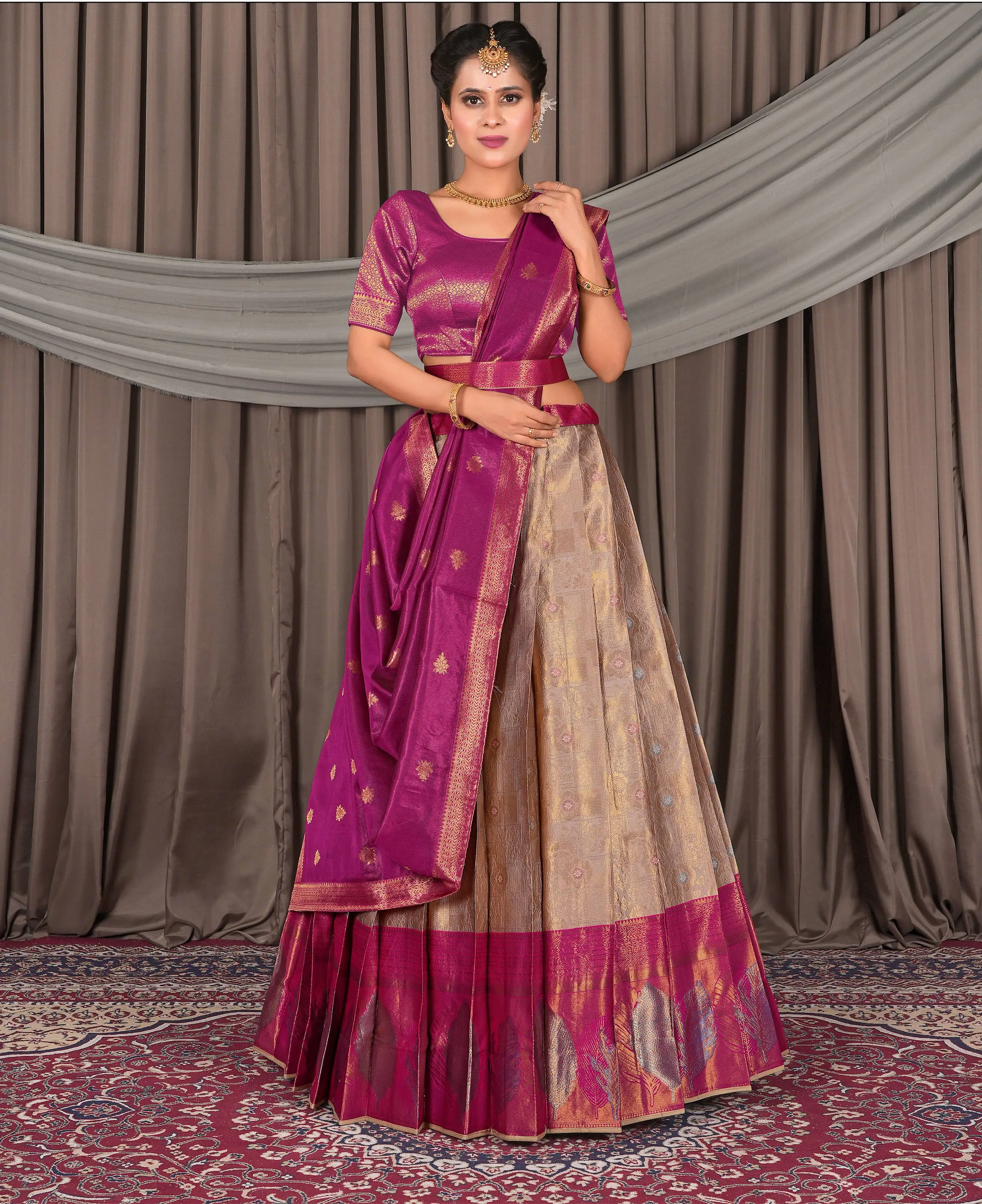 Royal Pink & Chiku Banarasi Lehenga with Traditional Weave